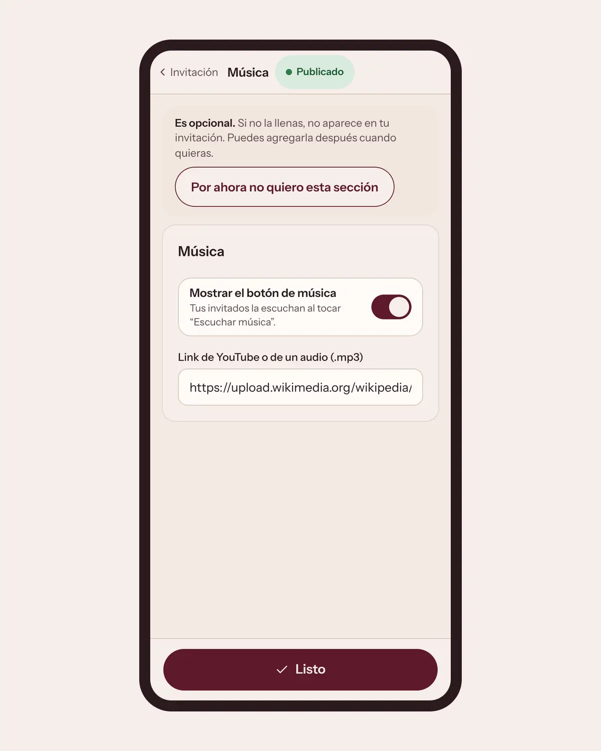 Sección Música del editor de Llégale en un celular, con la canción de la invitación de XV años lista para sonar