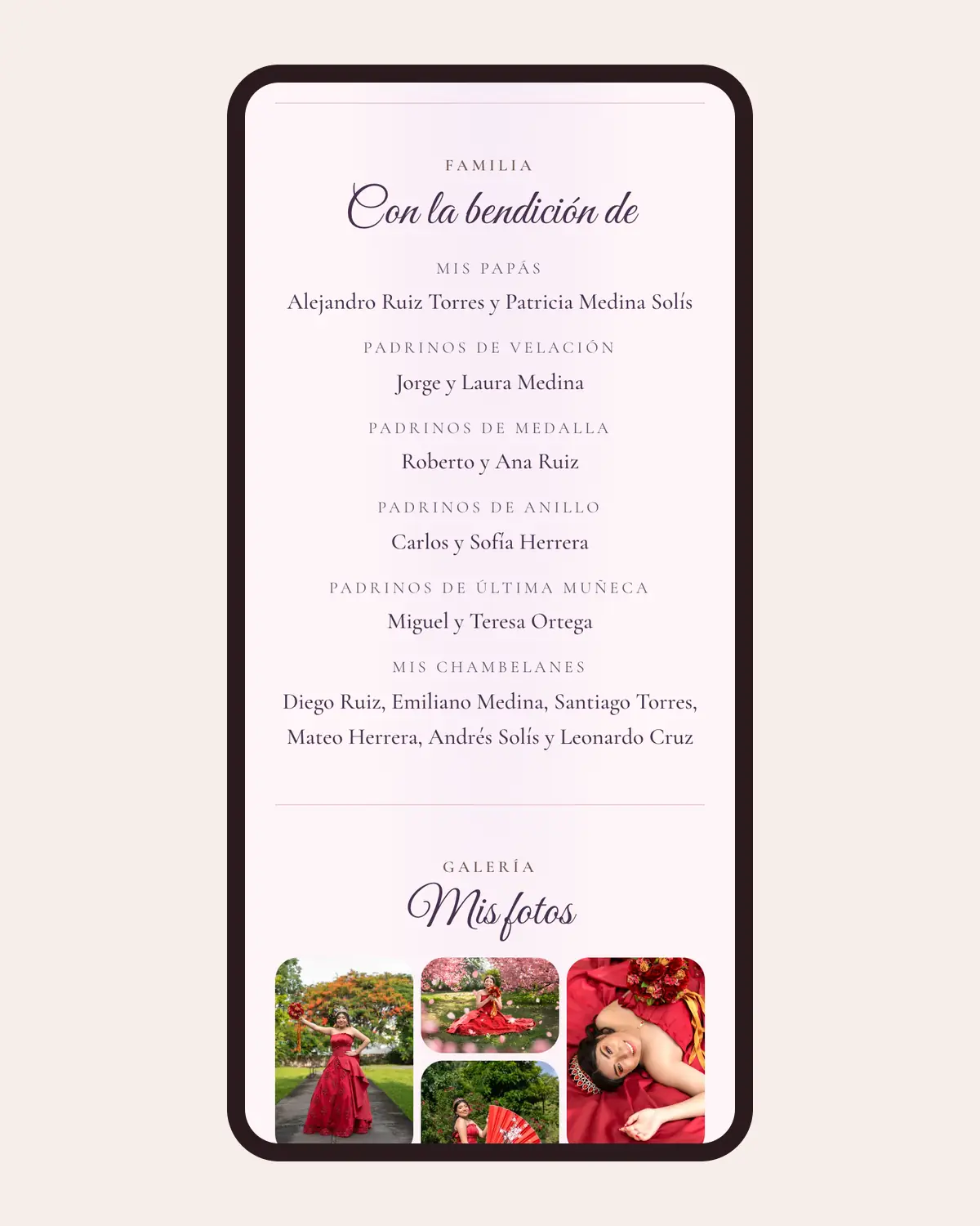 Sección de familia de una invitación de XV años de Llégale en un celular, con papás, padrinos y chambelanes