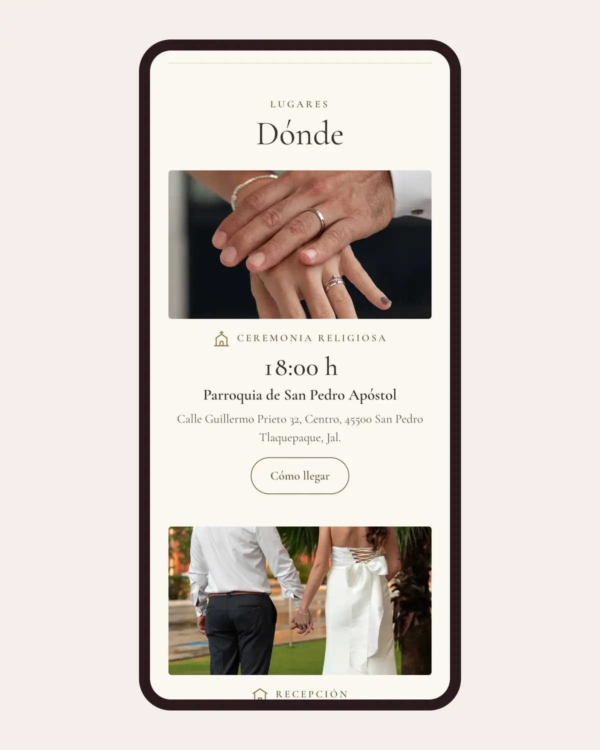 Sección de lugares de una invitación de Llégale en un celular, con la ceremonia y la recepción y sus botones para llegar