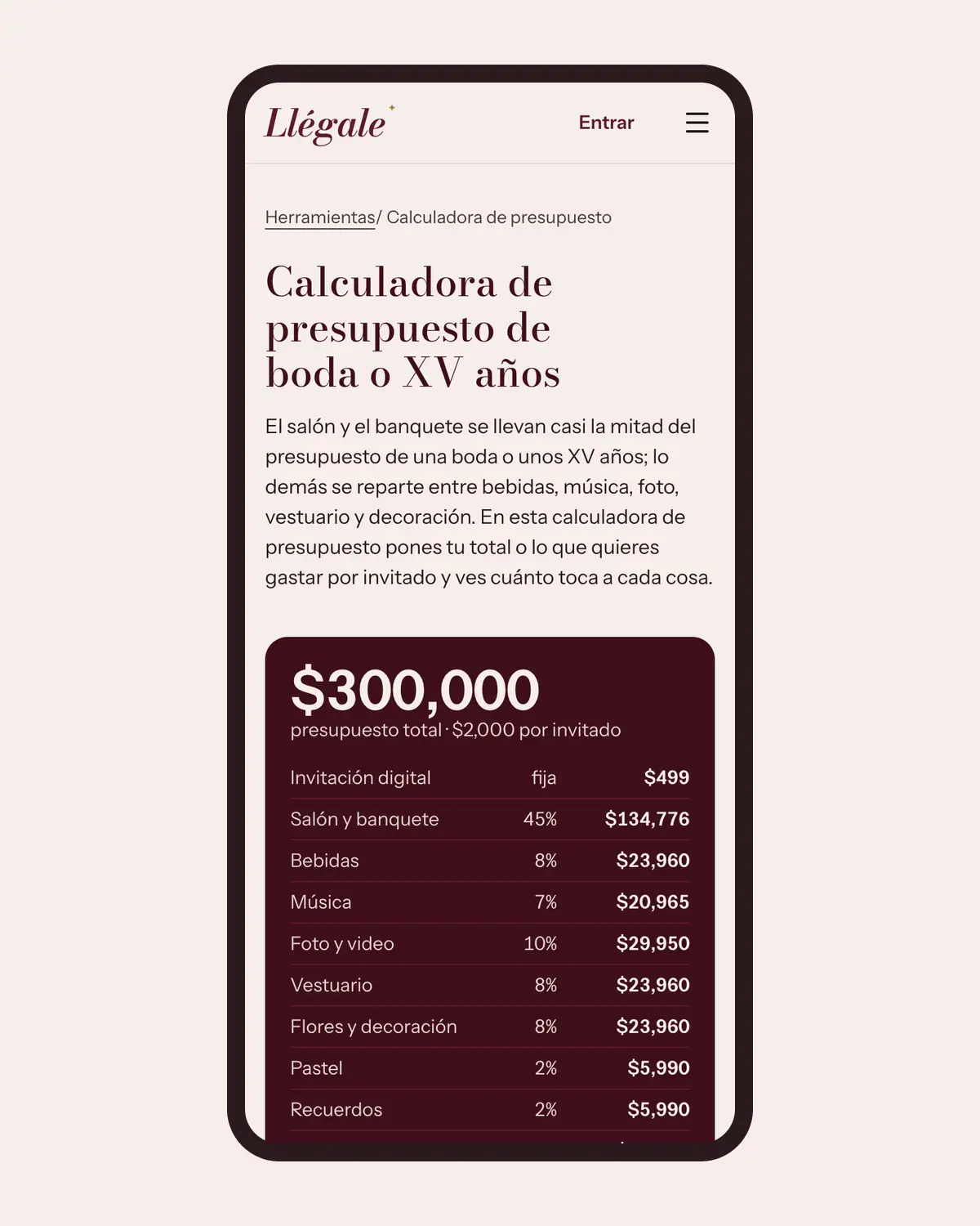 Calculadora de presupuesto de boda de Llégale en un celular, con el reparto por categoría y por invitado