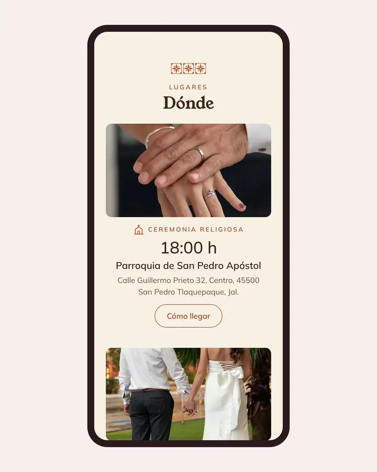 Invitación de boda en Llégale con el diseño Hacienda en un celular: ceremonia y fiesta con su hora y el botón Cómo llegar