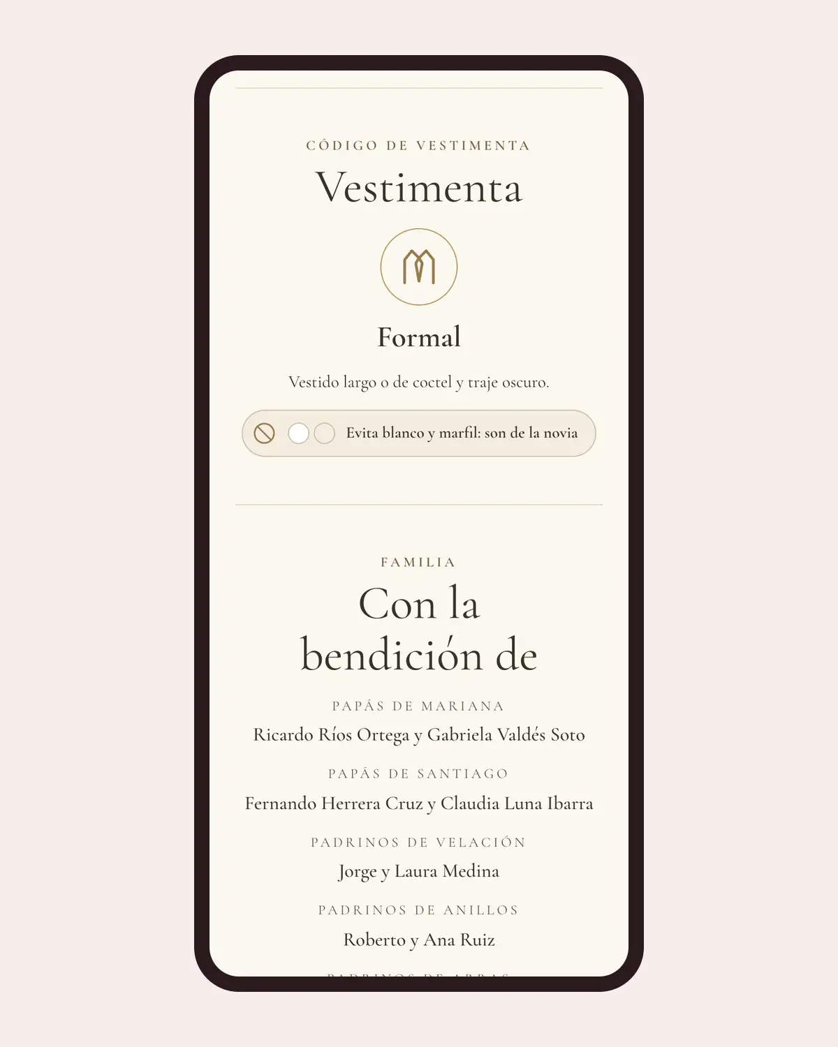 Sección de código de vestimenta de una invitación de boda de Llégale en un celular, con el código Formal, su icono y una nota