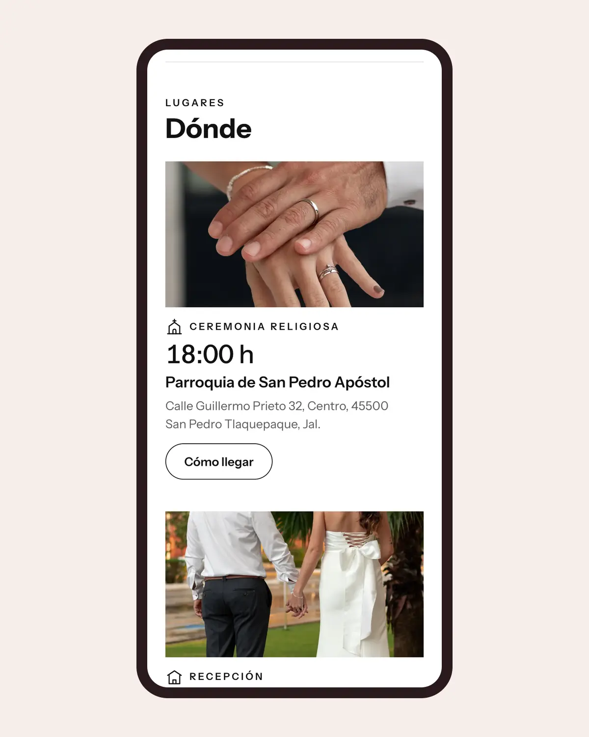 Invitación de boda en Llégale con el diseño Moderna en un celular: ceremonia y fiesta como dos lugares, cada uno con su hora y su botón Cómo llegar