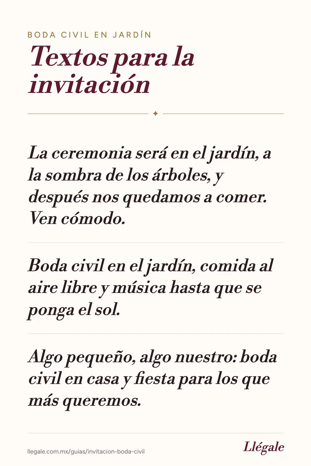 Tres textos para invitación de boda civil en jardín en letra caligráfica sobre fondo marfil