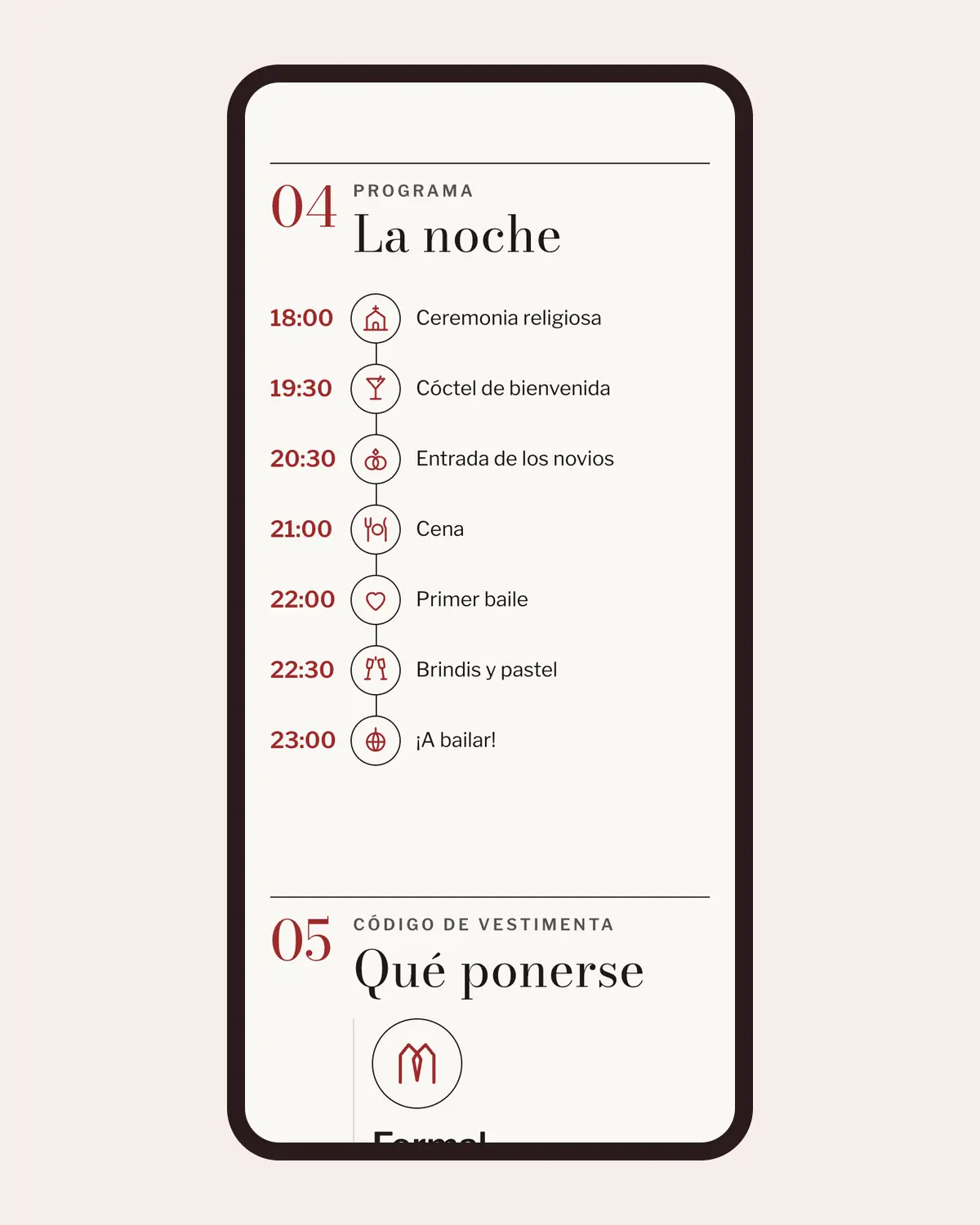 Itinerario de una invitación de boda de Llégale con el diseño Editorial en un celular: horas, momentos e iconos