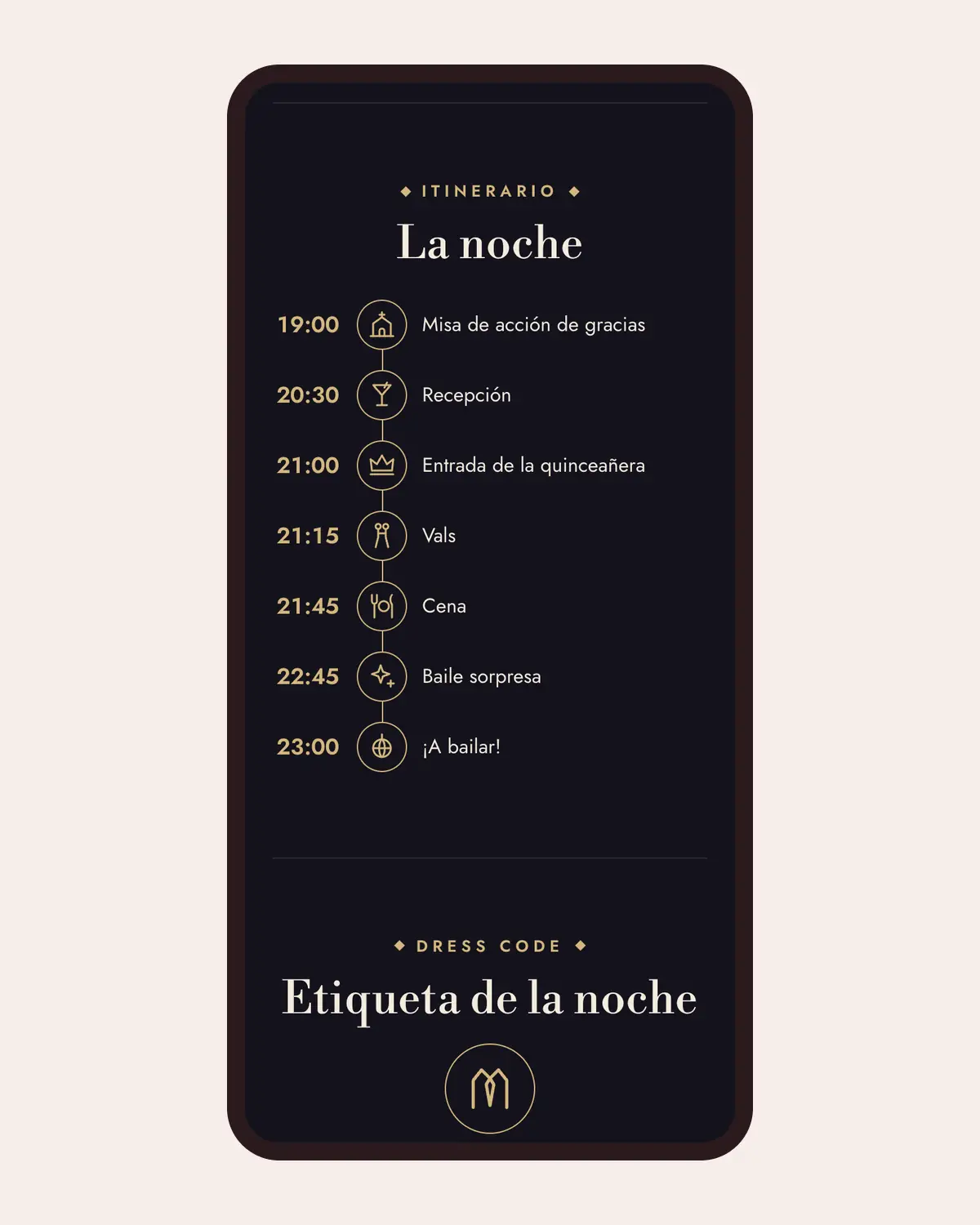 Itinerario de una invitación de XV años de Llégale con el diseño Gala en un celular: horas, momentos e iconos