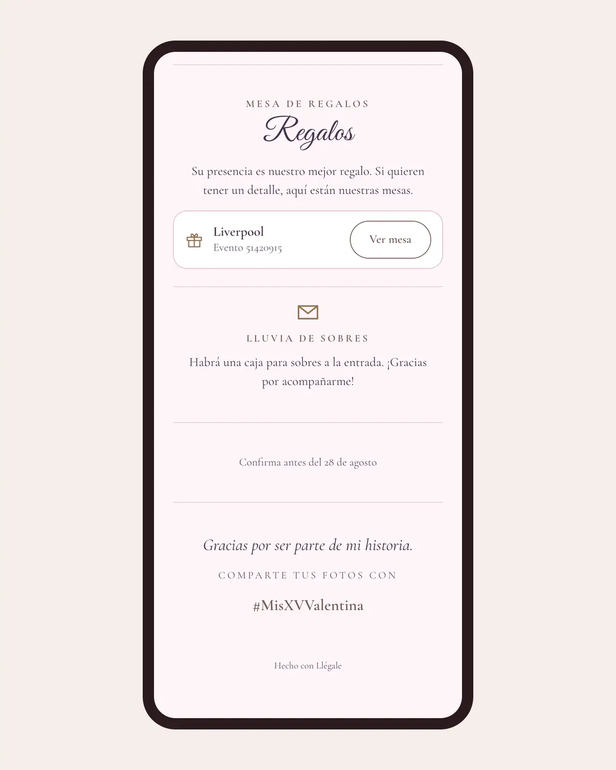 Sección de regalos de una invitación de XV años de Llégale en un celular, con la mesa de regalos y el texto de lluvia de sobres