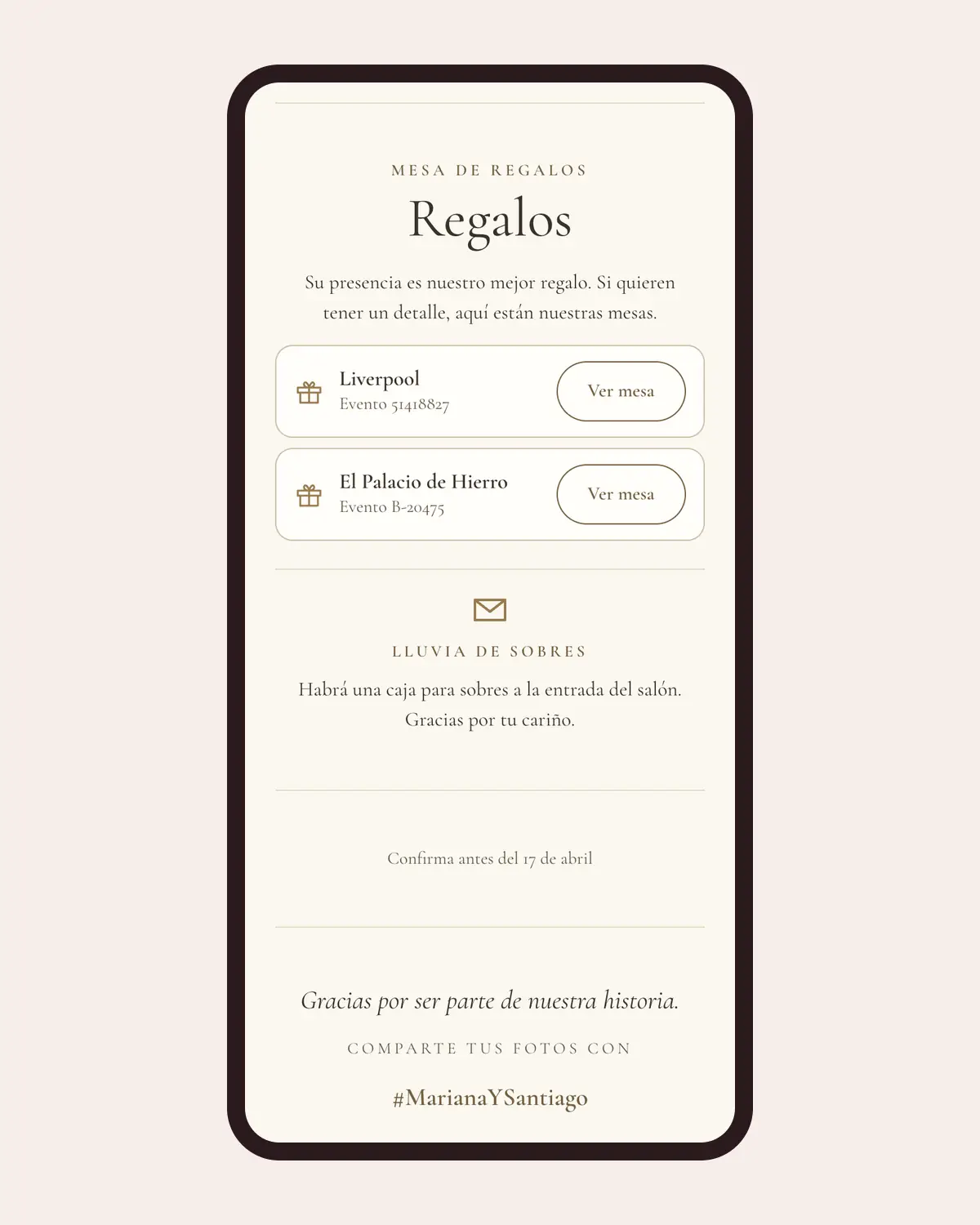 Sección Regalos de una invitación de boda de Llégale en un celular: mesas de Liverpool y El Palacio de Hierro y el texto de lluvia de sobres