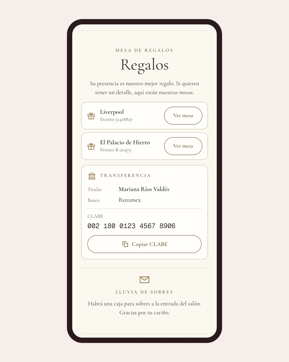 Link personal de una familia en el celular: mesas de regalos, datos para transferencia con titular, banco, CLABE y botón Copiar CLABE, y la lluvia de sobres