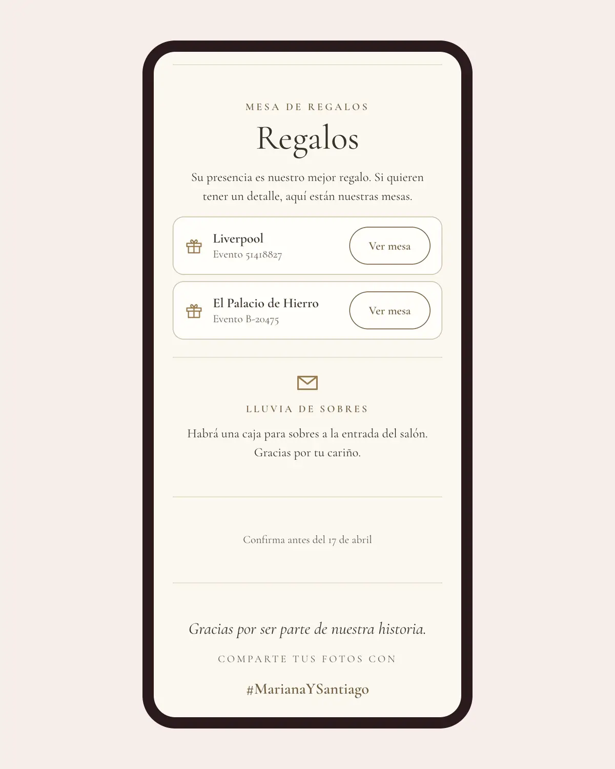 Sección de regalos de una invitación de boda de Llégale en un celular: dos tiendas con su número de evento y botón Ver mesa, y la lluvia de sobres