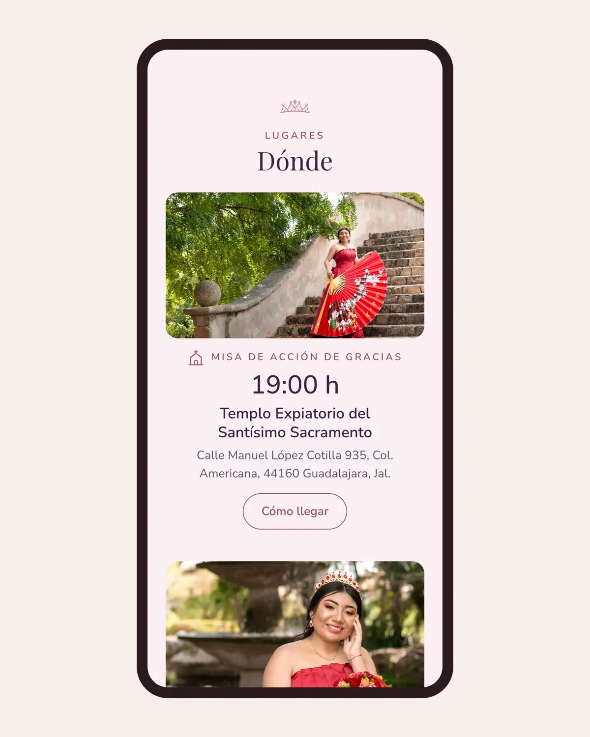 Invitación de XV años en Llégale con el diseño Corona en un celular: templo y salón, cada uno con su hora y el botón Cómo llegar