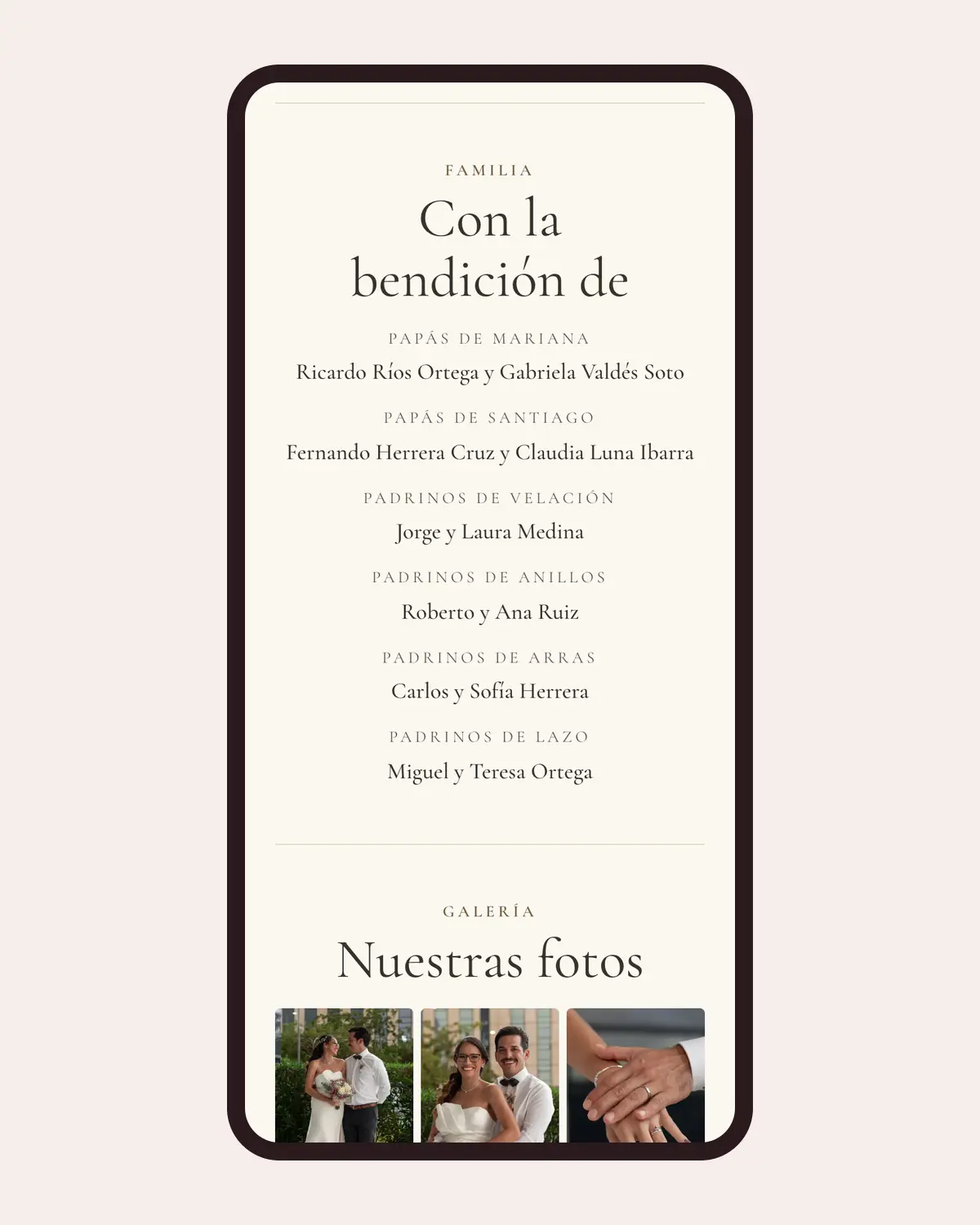 Sección Familia de una invitación de boda de Llégale en un celular: papás de los novios y padrinos de velación, anillos, arras y lazo