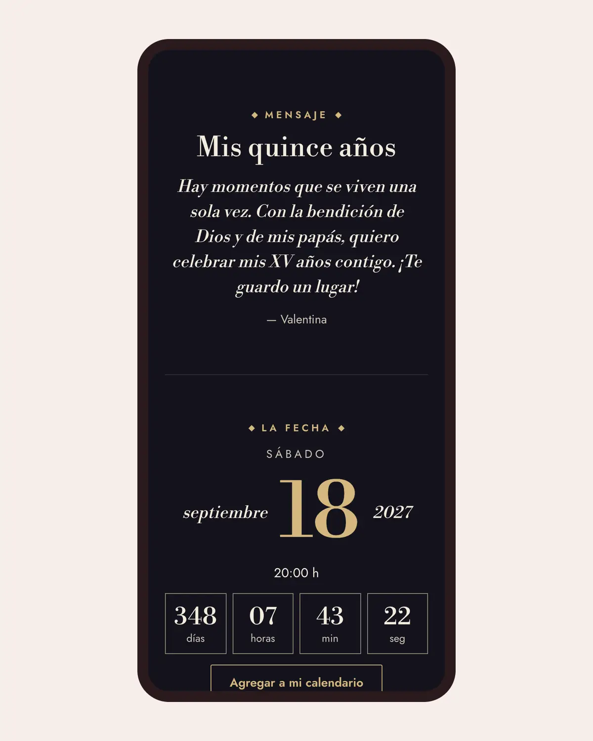 Mensaje de bienvenida de una invitación de XV años de Llégale con el diseño Gala, vista en un celular
