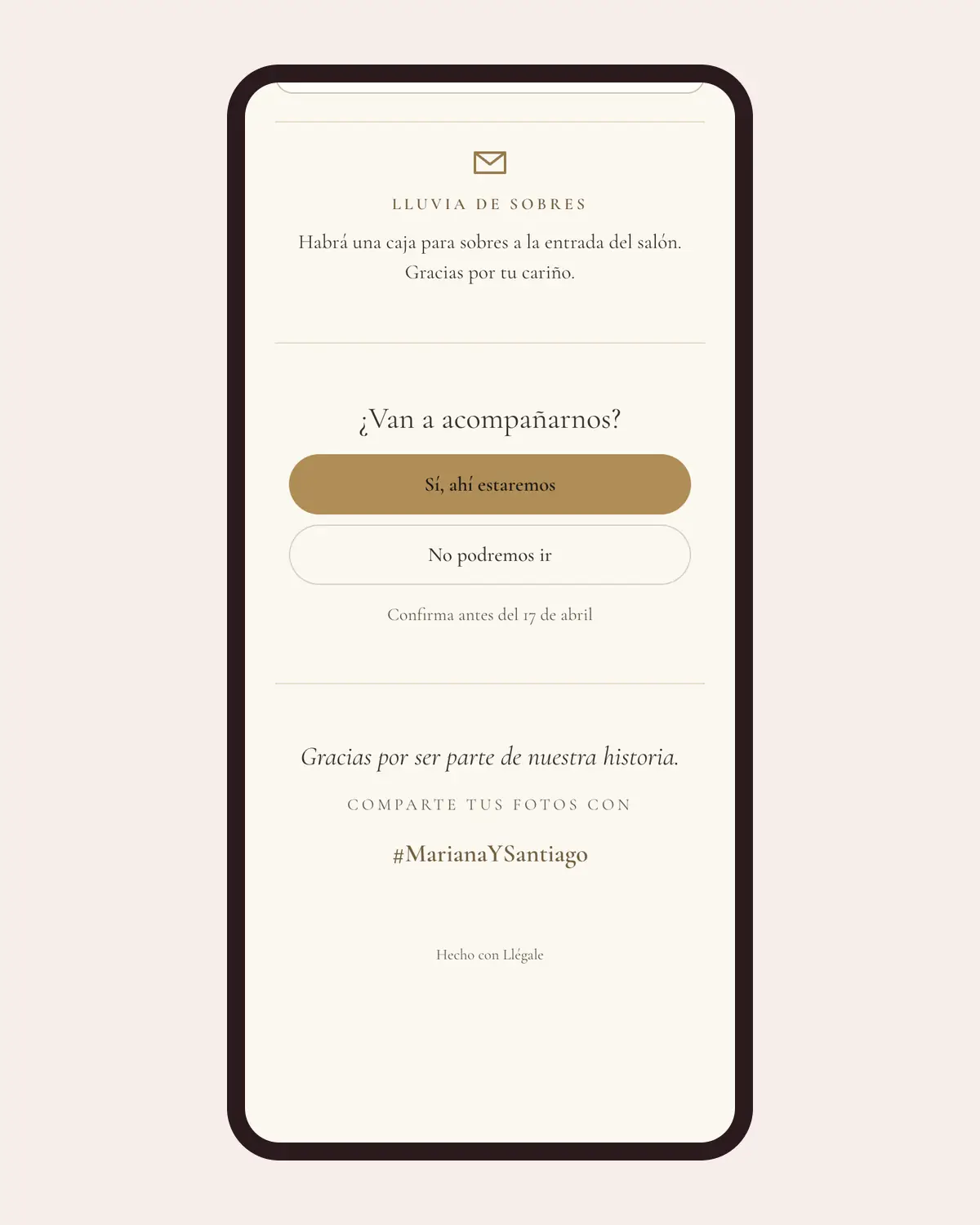 La parte de confirmar en el link personal de una familia, en un celular: "¿Van a acompañarnos?", los botones "Sí, ahí estaremos" y "No podremos ir" y la fecha límite