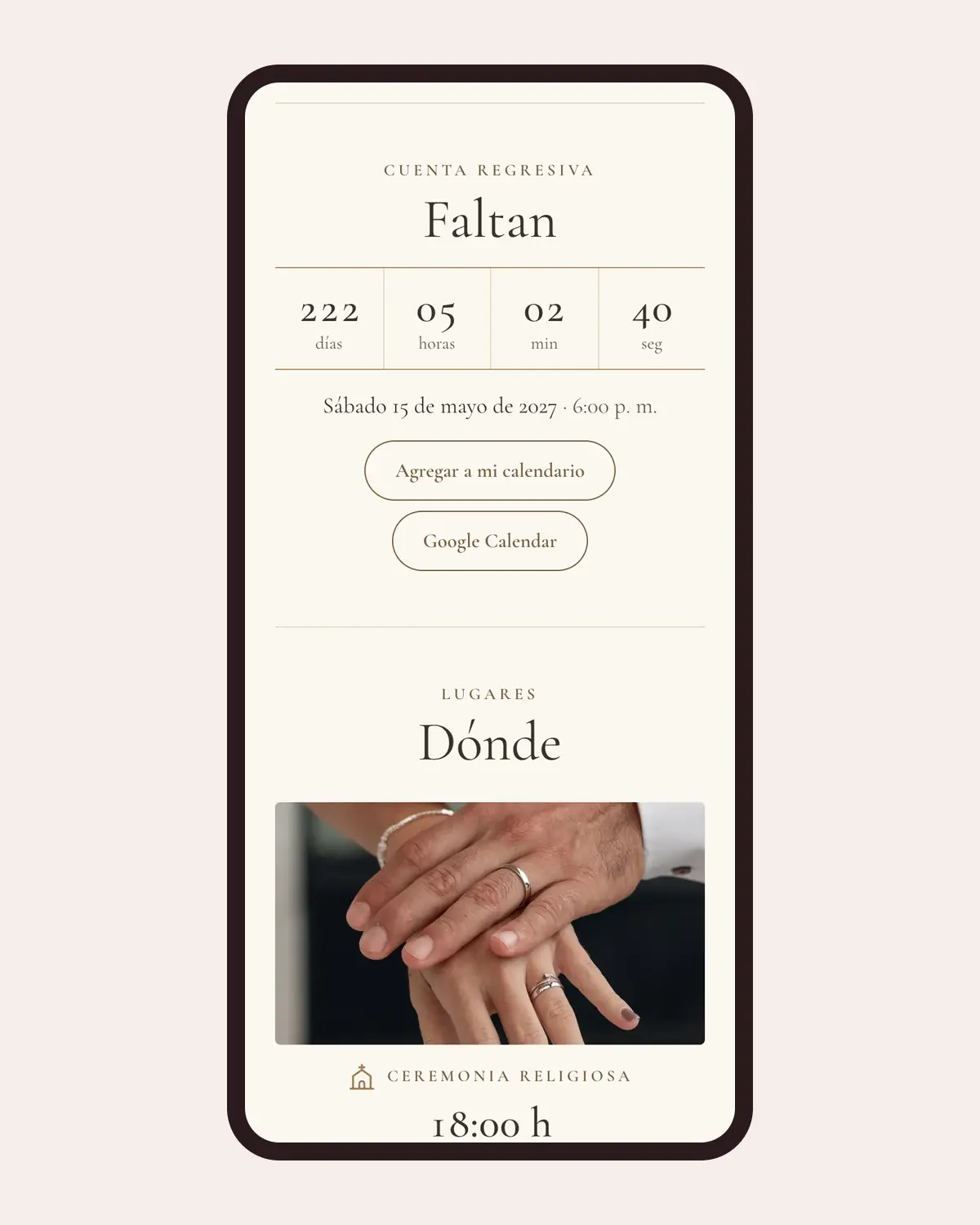 Fecha de la boda con cuenta regresiva de días, horas y minutos y botón para agregar al calendario, en una invitación de Llégale en un celular
