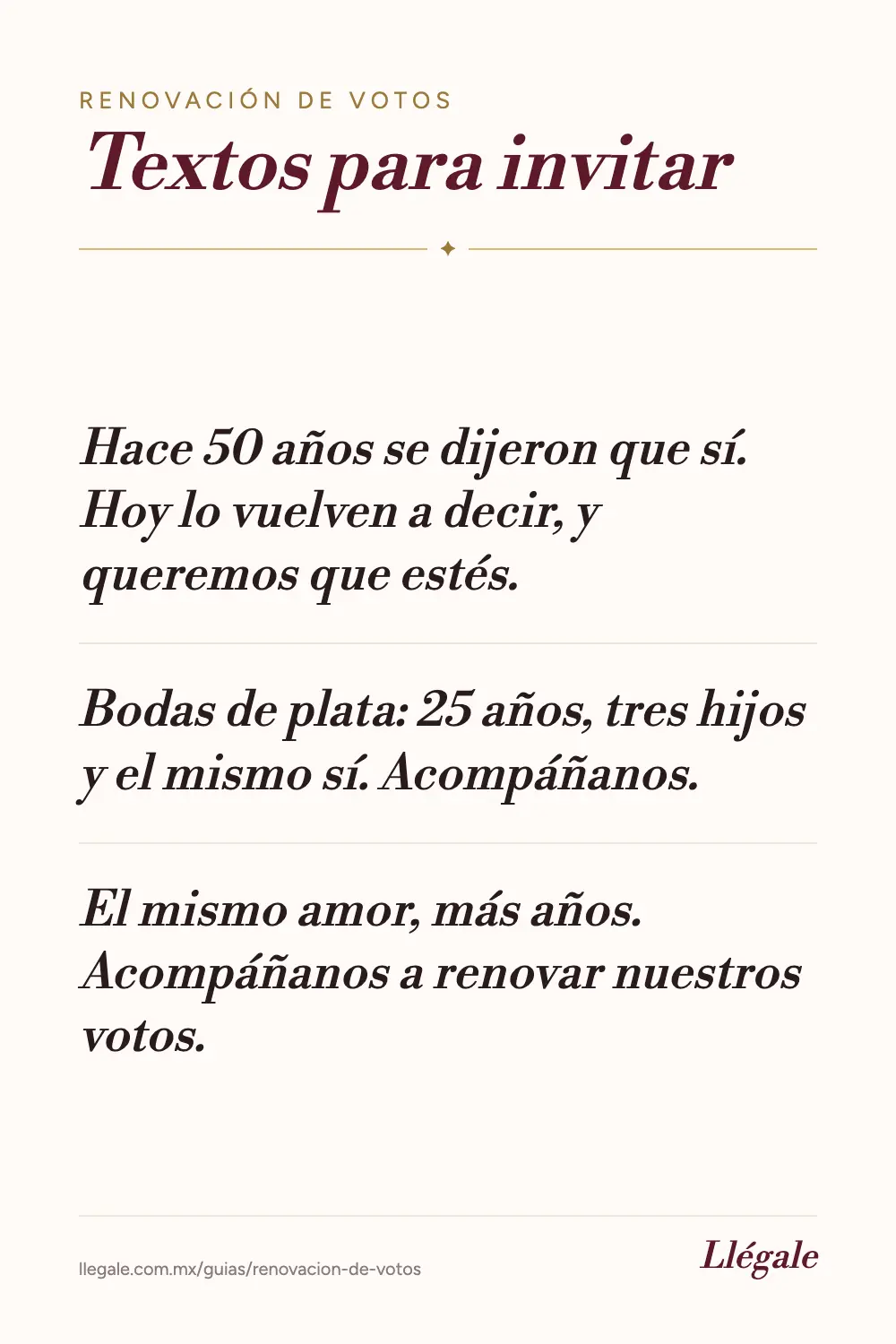 Tres textos para invitación de renovación de votos en letra caligráfica sobre fondo marfil