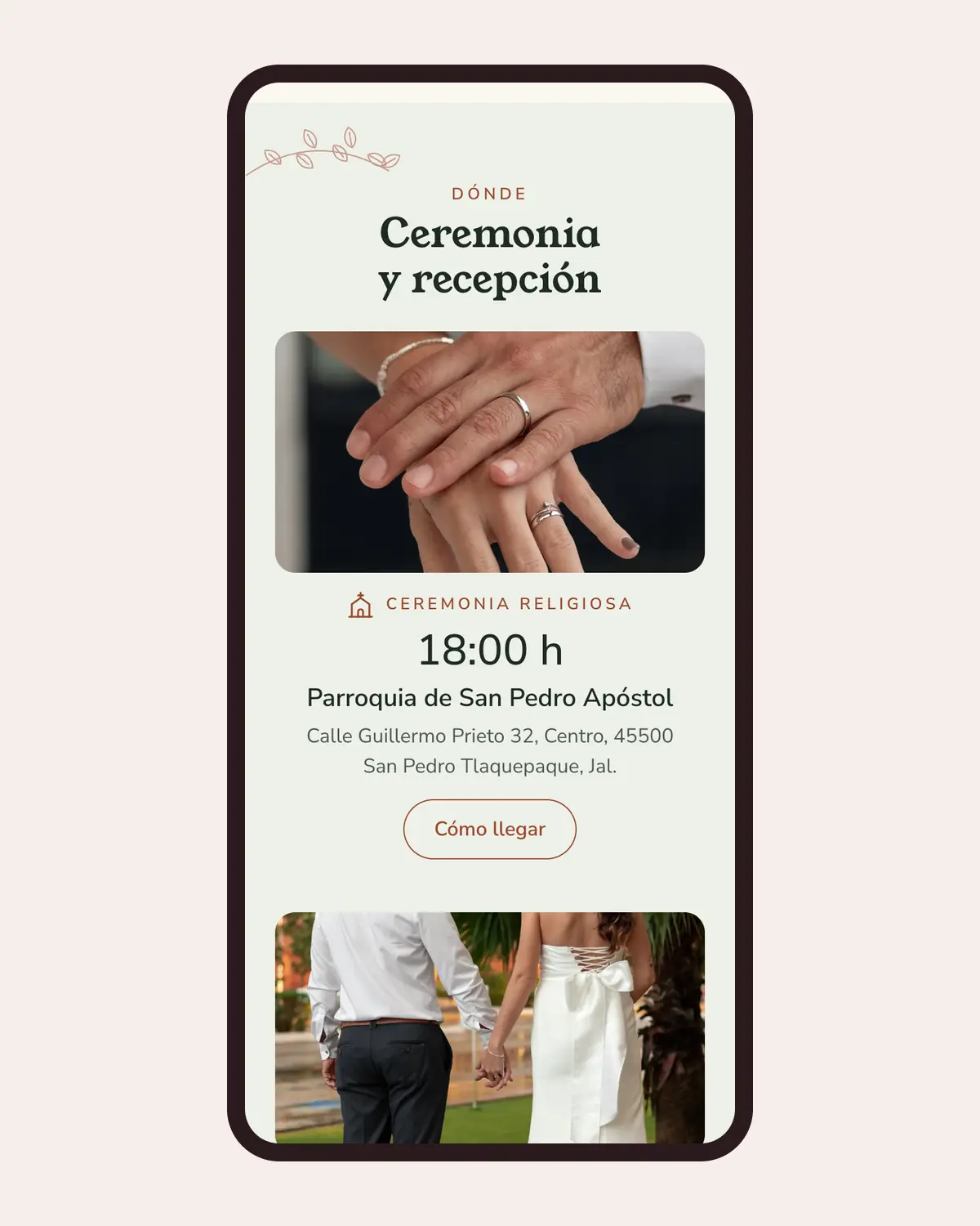 Invitación de boda en Llégale con el diseño Jardín en un celular: lugares con su hora y el botón Cómo llegar