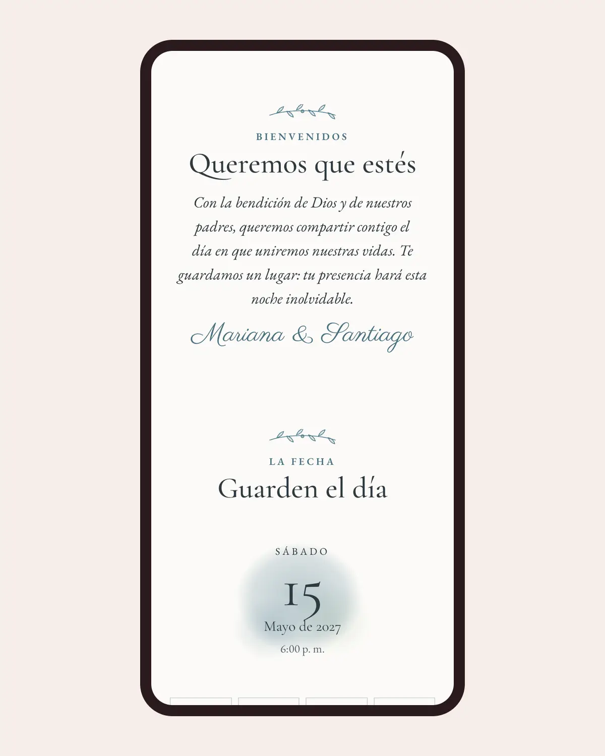 Mensaje de bienvenida de una invitación de boda de Llégale con el diseño Aguada en un celular, en letra caligráfica
