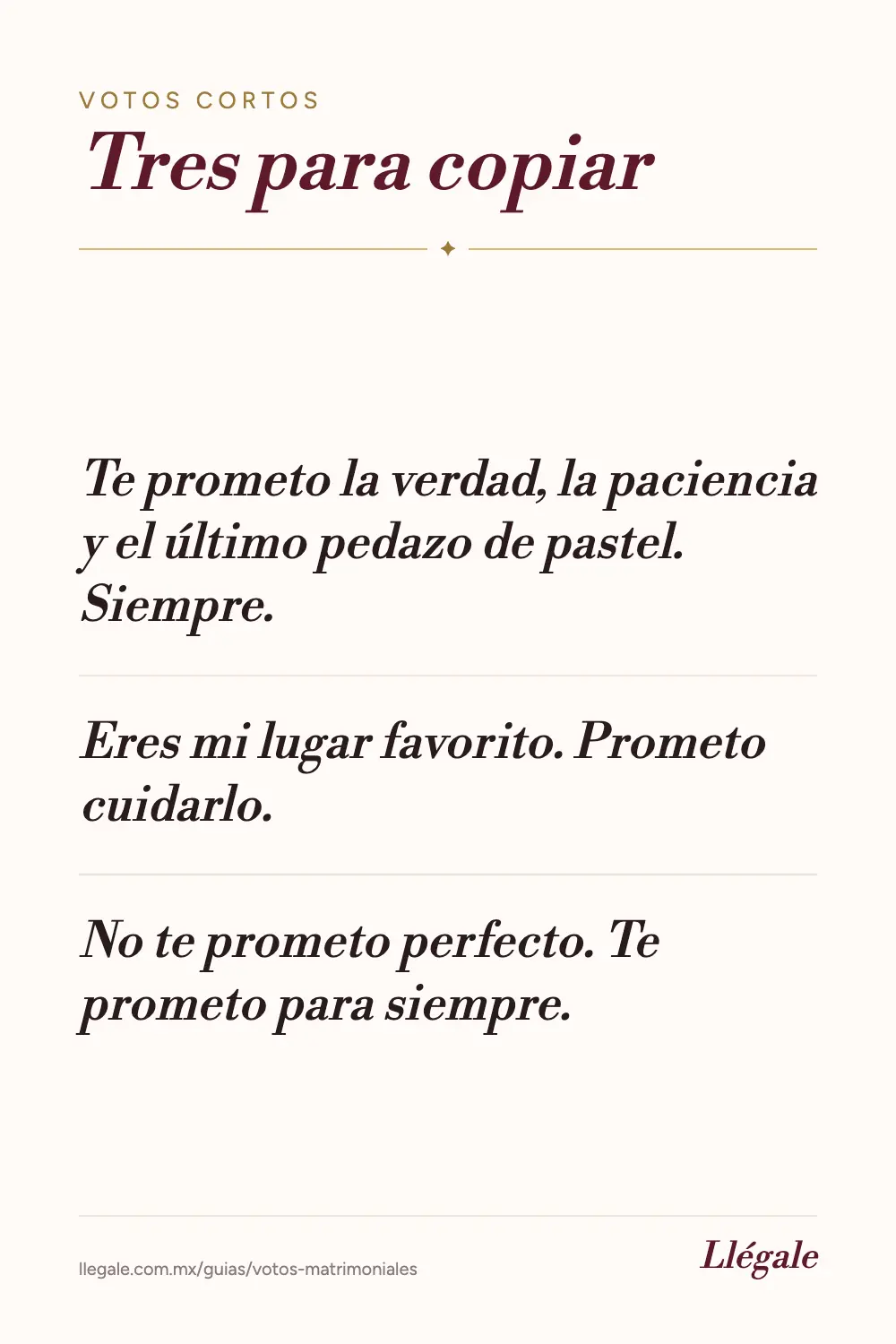Tres ejemplos de votos matrimoniales cortos en letra caligráfica sobre fondo marfil