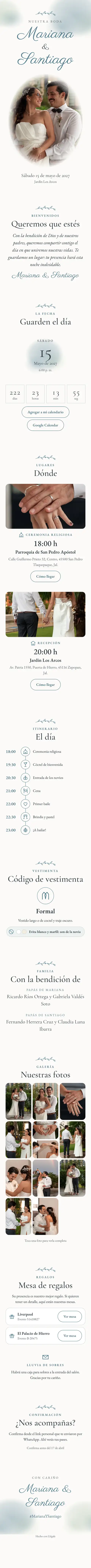 Invitación digital de boda, diseño Aguada: portada, fecha, lugares, galería y confirmación