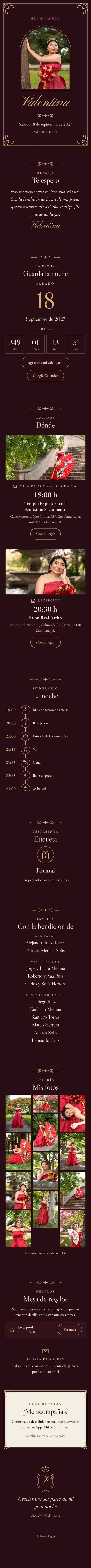 Invitación digital de XV años, diseño Barroco: portada, fecha, lugares, galería y confirmación