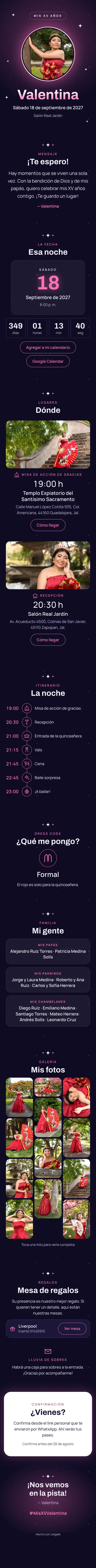 Invitación digital de XV años, diseño Destello: portada, fecha, lugares, galería y confirmación