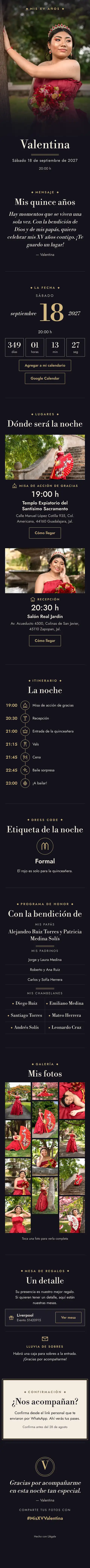 Invitación digital de XV años, diseño Gala: portada, fecha, lugares, galería y confirmación