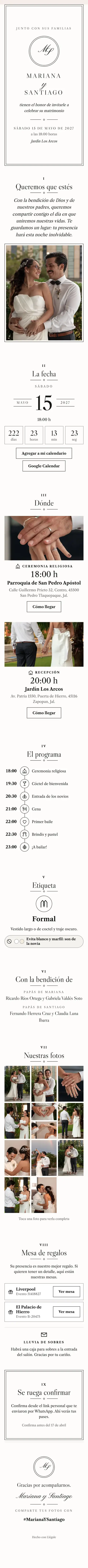 Invitación digital de boda, diseño Grabado: portada, fecha, lugares, galería y confirmación