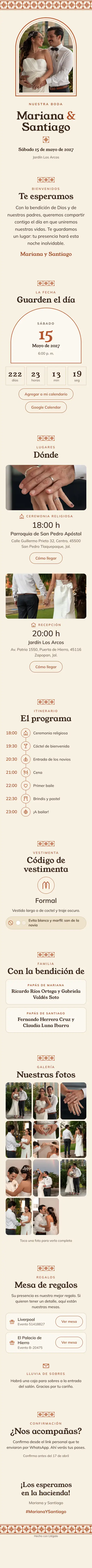 Invitación digital de boda, diseño Hacienda: portada, fecha, lugares, galería y confirmación