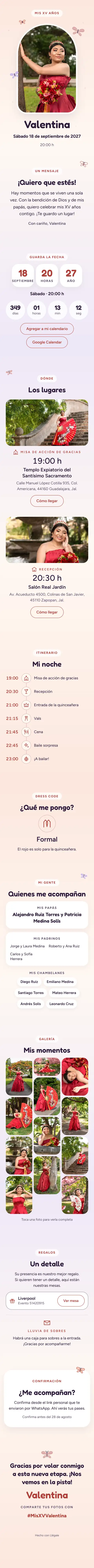 Invitación digital de XV años, diseño Mariposas: portada, fecha, lugares, galería y confirmación