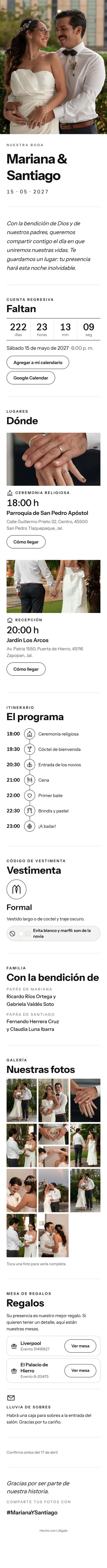 Invitación digital de boda o XV años, diseño Moderna: portada, fecha, lugares, galería y confirmación