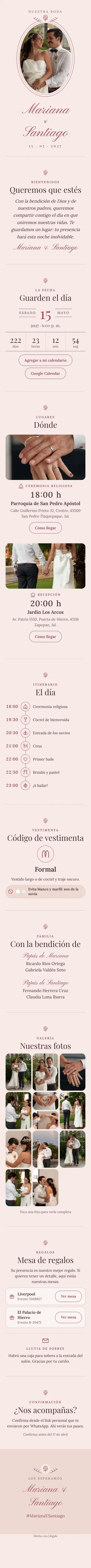 Invitación digital de boda, diseño Rosa empolvado: portada, fecha, lugares, galería y confirmación