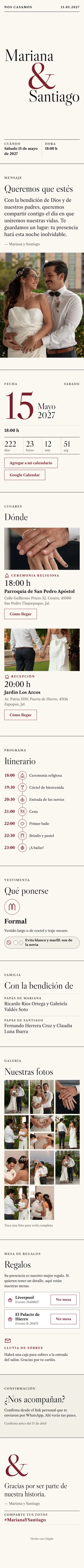 Invitación digital de boda, diseño Tipográfica: portada, fecha, lugares, galería y confirmación